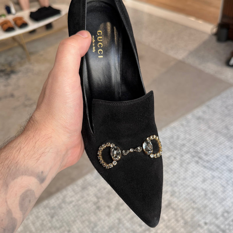 Top view of Gucci Black Suede Crystal Horsebit Pumps