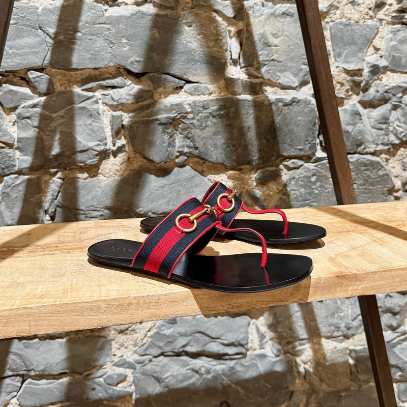 Main photo of Gucci Blue Red Web Horsebit Querelle Thong Sandals