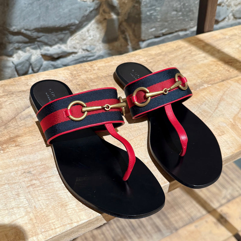 Front side of Gucci Blue Red Web Horsebit Querelle Thong Sandals