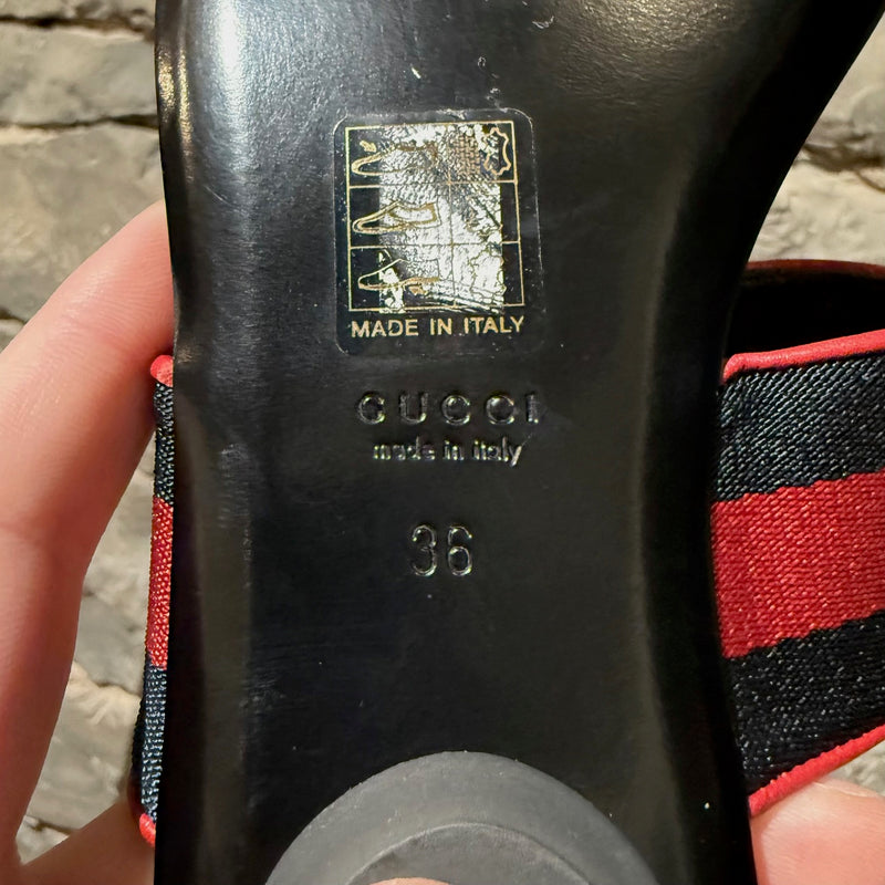 Brand, origin and size stamps on outsole of Gucci Blue Red Web Horsebit Querelle Thong Sandals