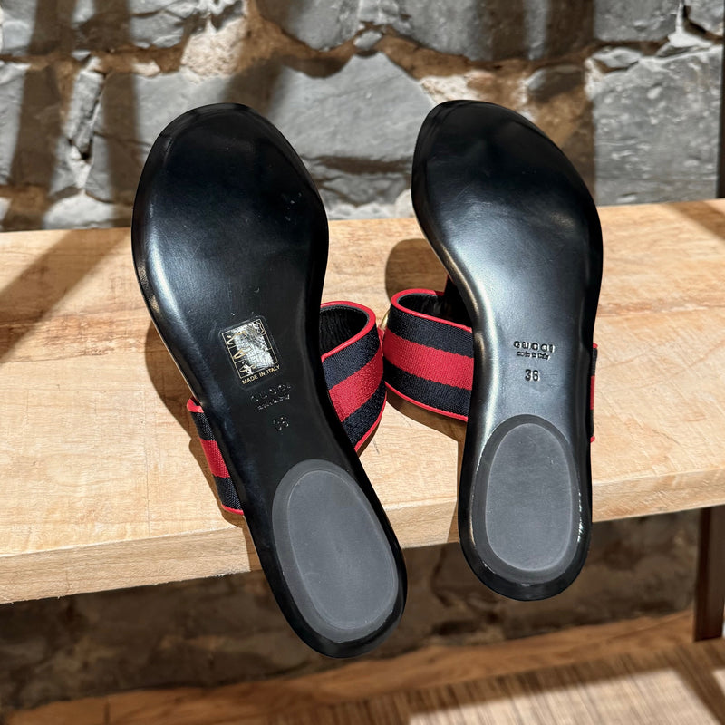 Outsoles of Gucci Blue Red Web Horsebit Querelle Thong Sandals