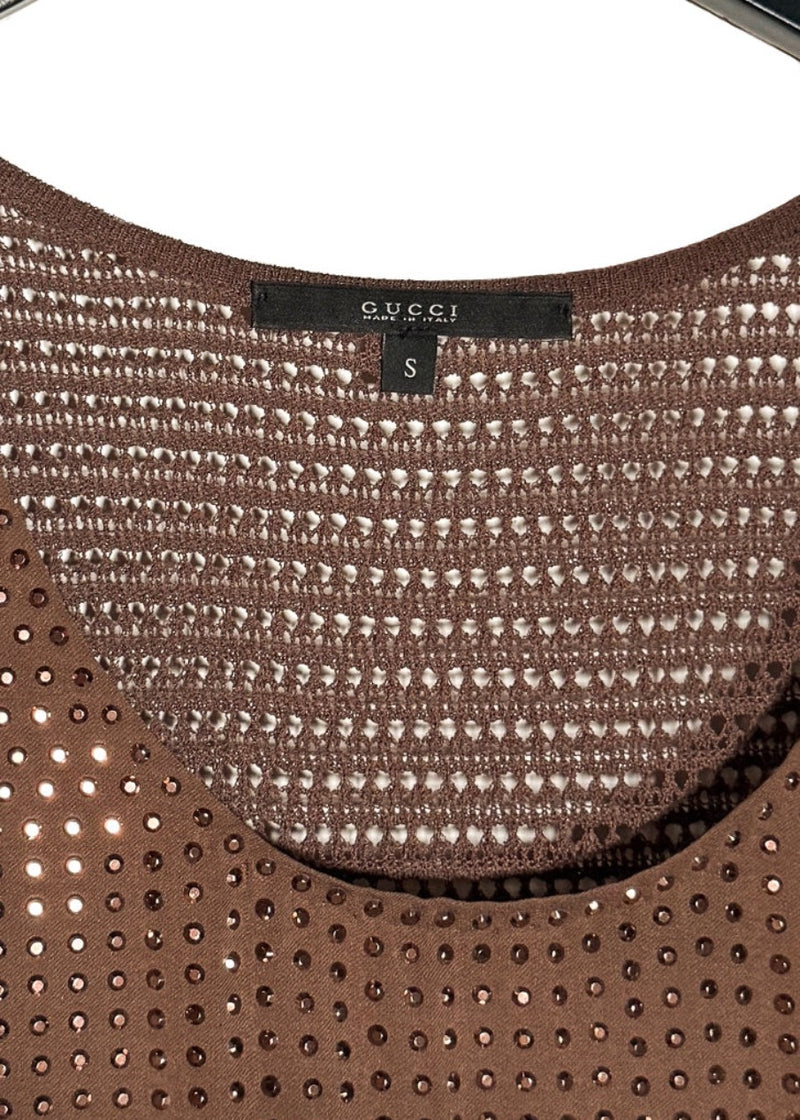 Collar area of Gucci Brown Metallic Studs Embellished Silk Tank Top