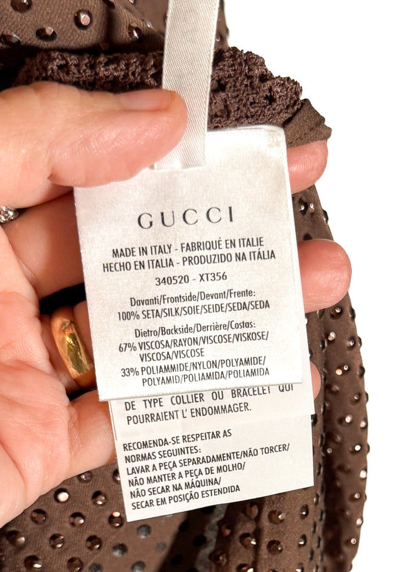 Labels of Gucci Brown Metallic Studs Embellished Silk Tank Top