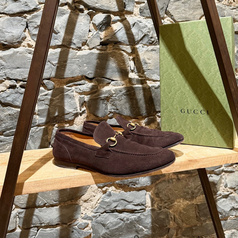 Main photo of Gucci Brown Suede Horsebit Accent Jordaan Loafers