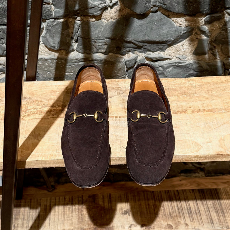 Top view of Gucci Brown Suede Horsebit Accent Jordaan Loafers