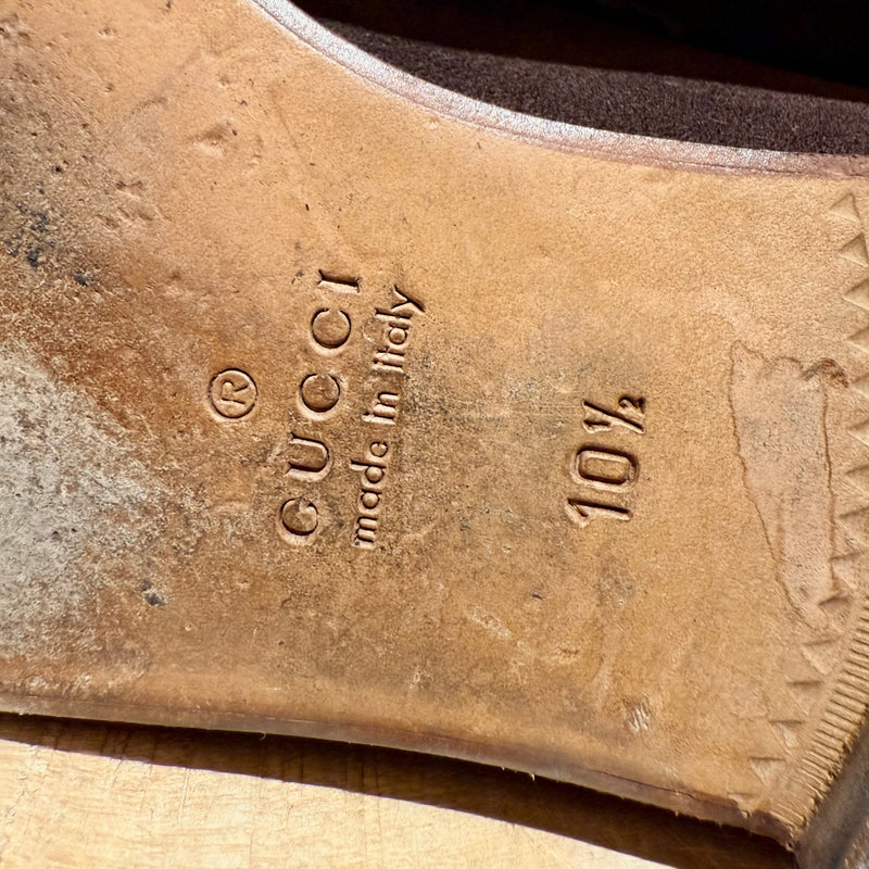 Brand, origin and size stamps on one outsole of Gucci Brown Suede Horsebit Accent Jordaan Loafers