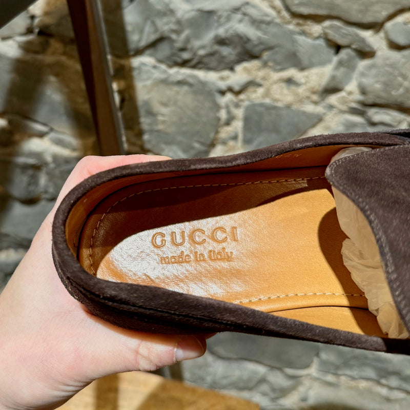 One insole of Gucci Brown Suede Horsebit Accent Jordaan Loafers