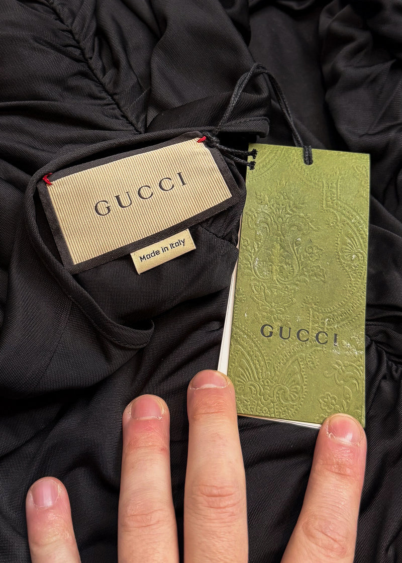 Gucci FW23 Black Gathered Viscose Jersey Long Sleeves Top