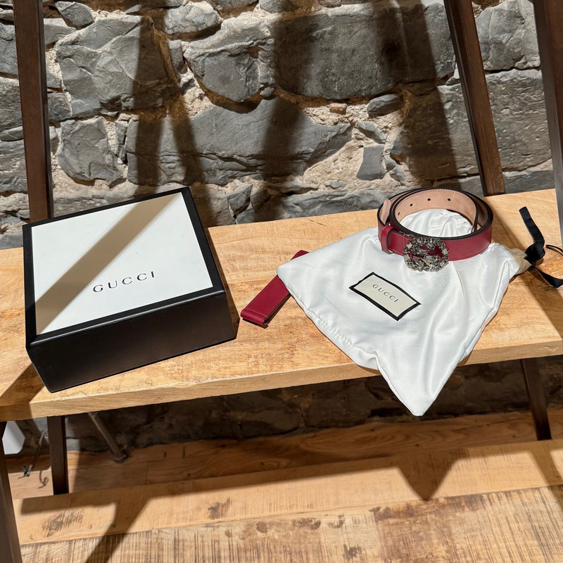 Box and dustbag of Gucci GG Burgundy Leather Crystal GG Buckle Belt