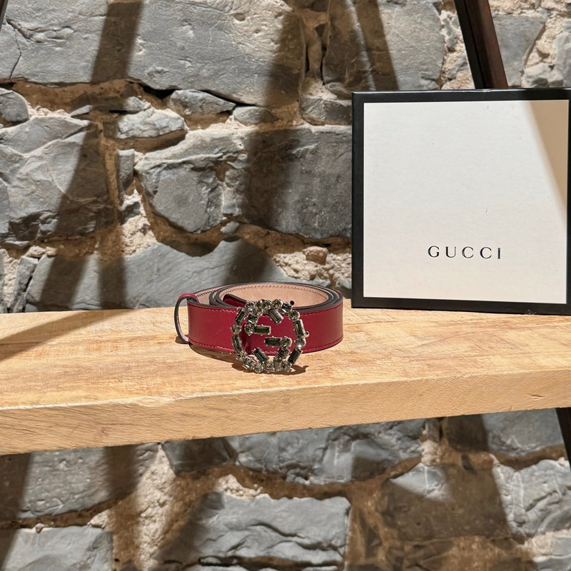 Main photo of Gucci GG Burgundy Leather Crystal GG Buckle Belt