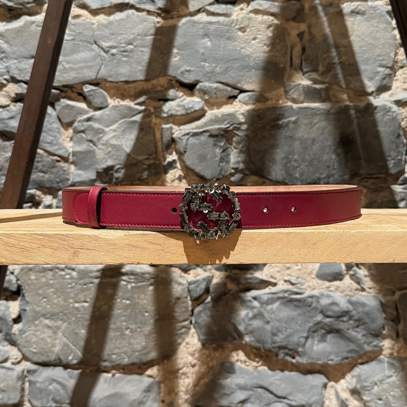 Front view of Gucci GG Burgundy Leather Crystal GG Buckle Belt