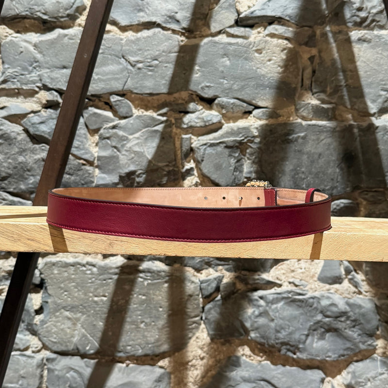 Back view of Gucci GG Burgundy Leather Crystal GG Buckle Belt