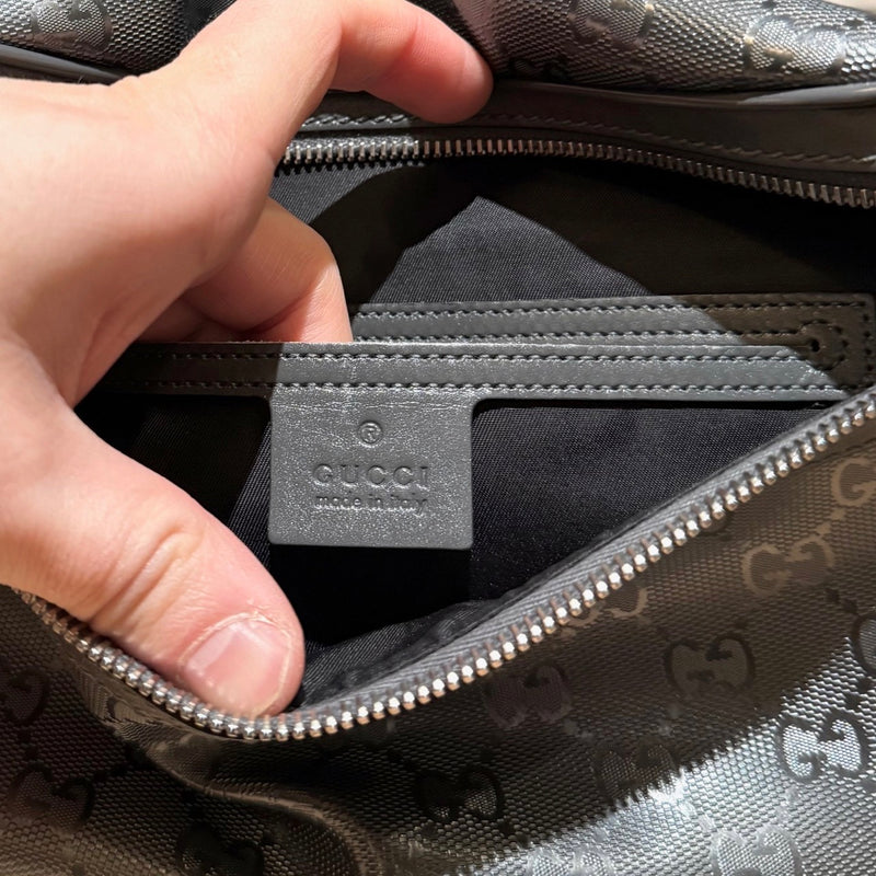 Interior branded stamp of Gucci GG Monogram Imprimé Grey Belt Bag