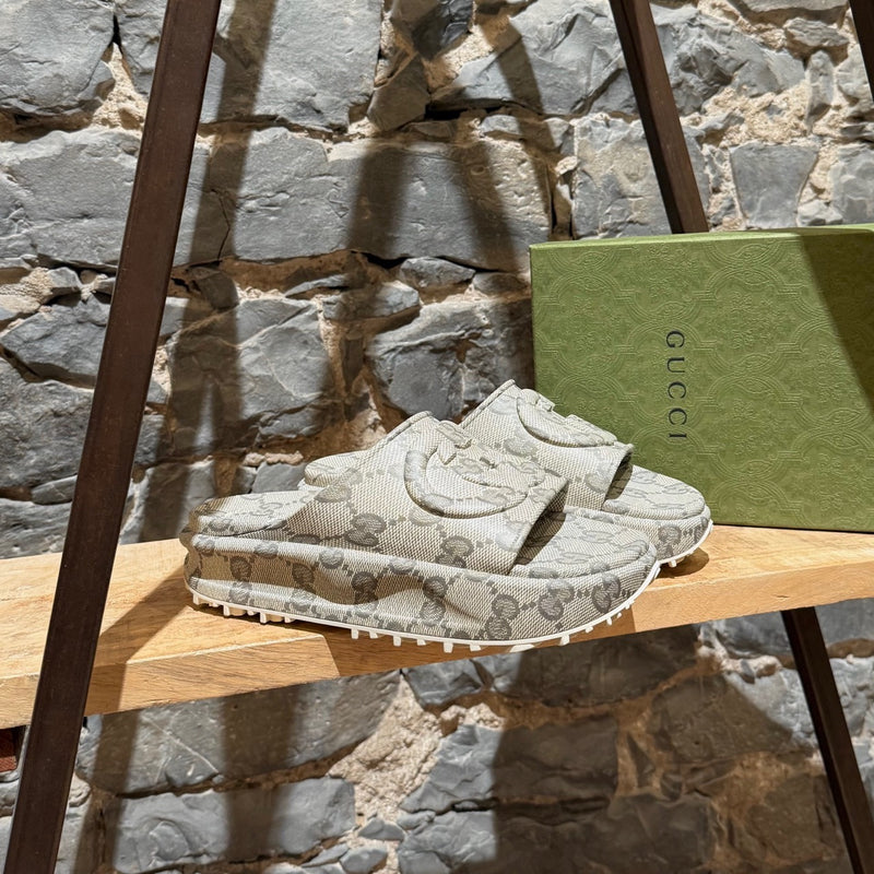 Main photo of Gucci Grey GG Logo Rubber Cubic Platform Slide Sandals