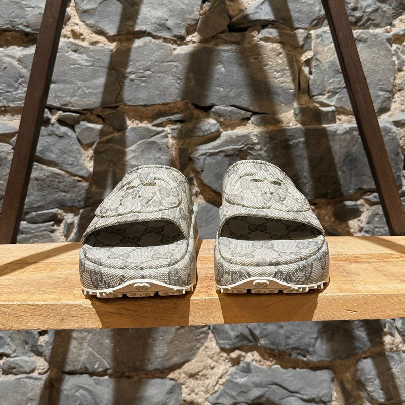 Front view of Gucci Grey GG Logo Rubber Cubic Platform Slide Sandals