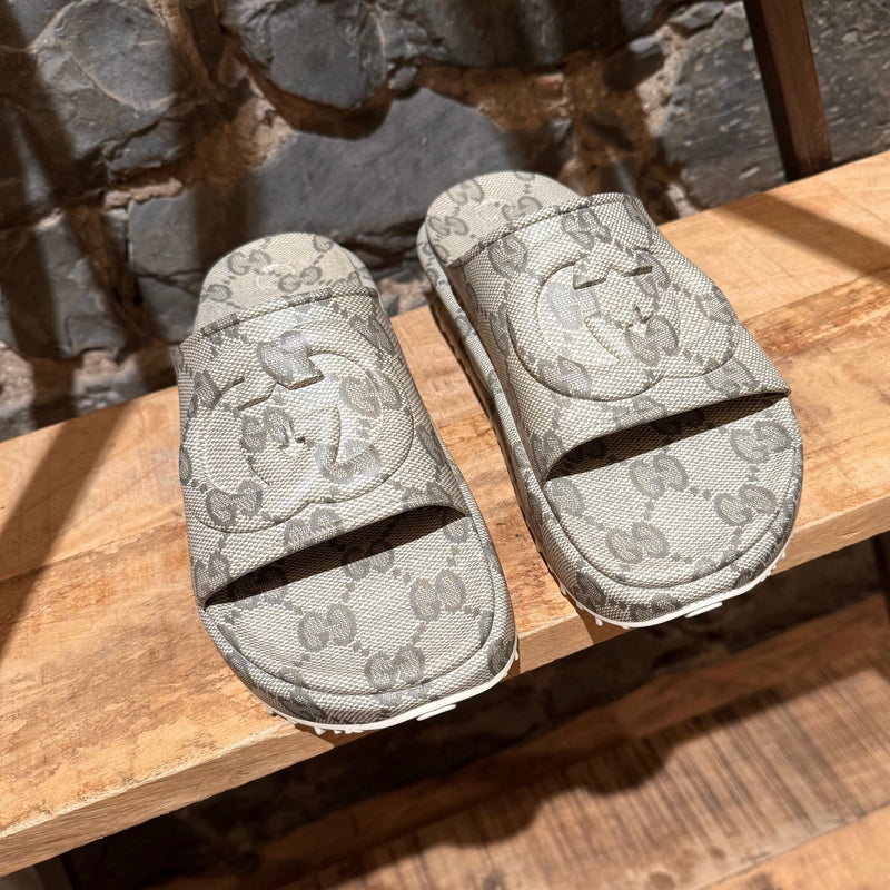 Side Top view of Gucci Grey GG Logo Rubber Cubic Platform Slide Sandals