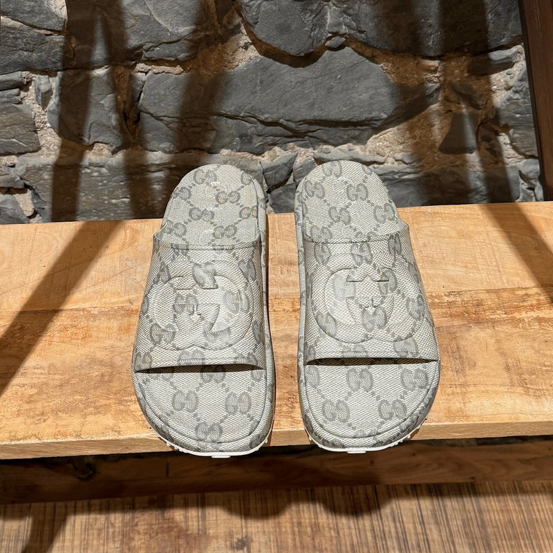 Top view of Gucci Grey GG Logo Rubber Cubic Platform Slide Sandals