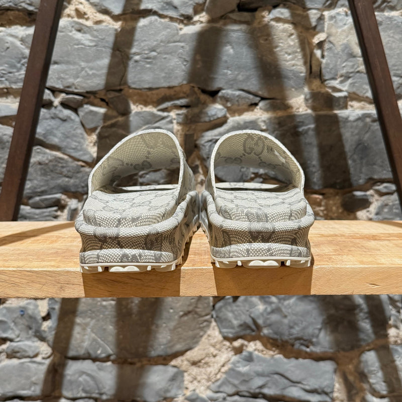 Back view of Gucci Grey GG Logo Rubber Cubic Platform Slide Sandals