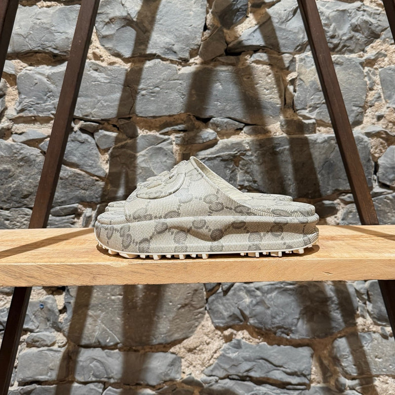 A side view of Gucci Grey GG Logo Rubber Cubic Platform Slide Sandals