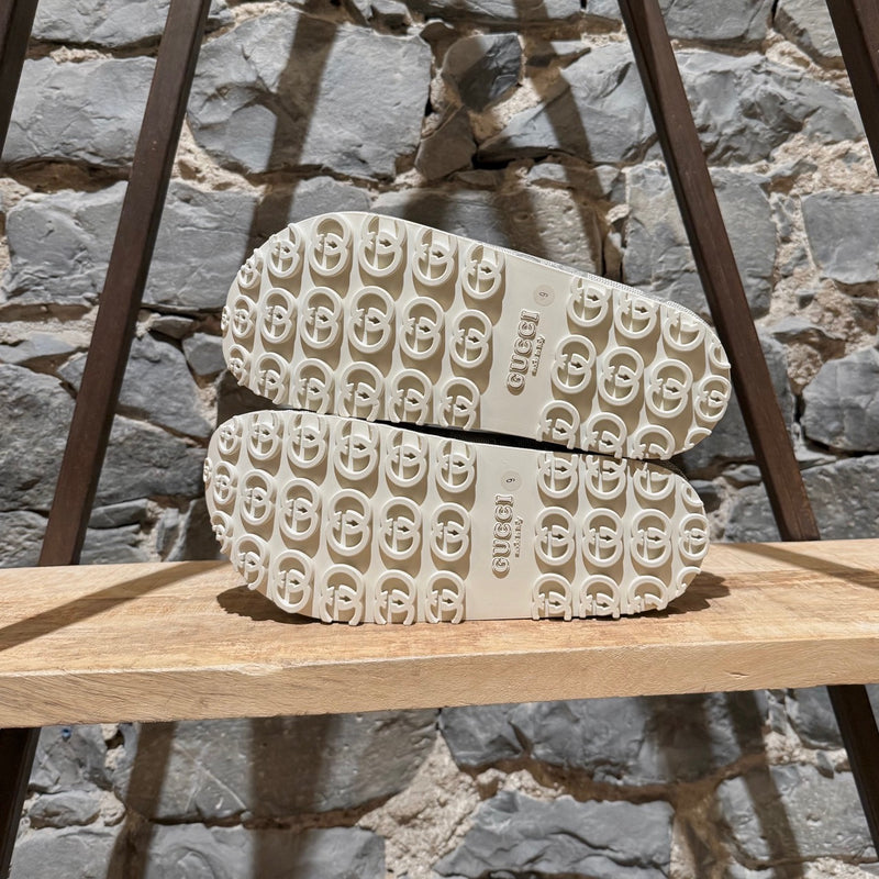 Branded outsole of Gucci Grey GG Logo Rubber Cubic Platform Slide Sandals