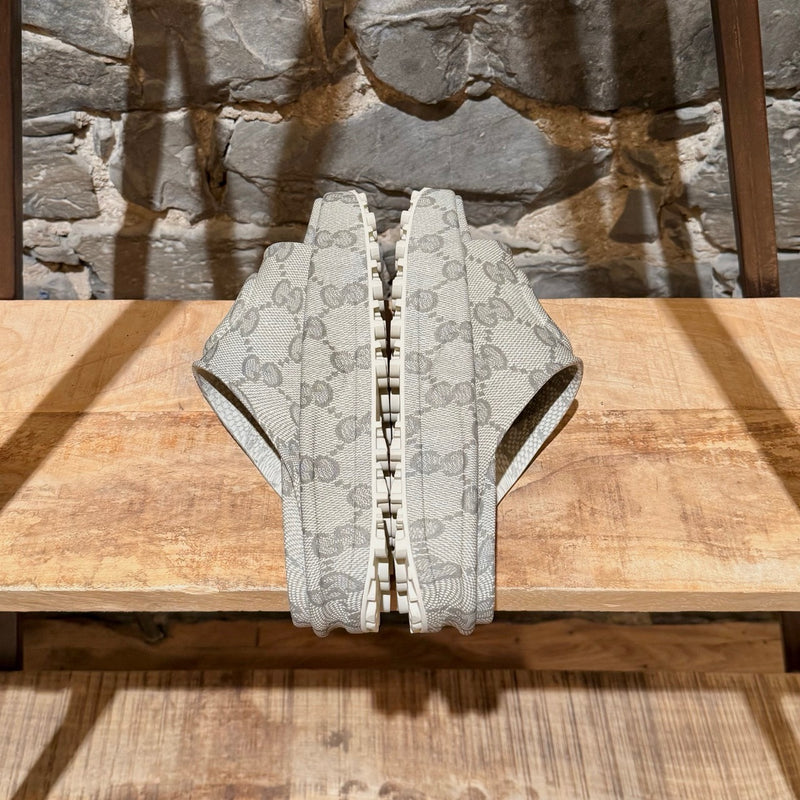 Side-by-side view of Gucci Grey GG Logo Rubber Cubic Platform Slide Sandals