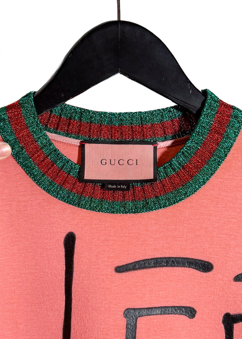 Collar area of Gucci "Life Is Gucci" Ghost Pink Cotton Sweatshirt