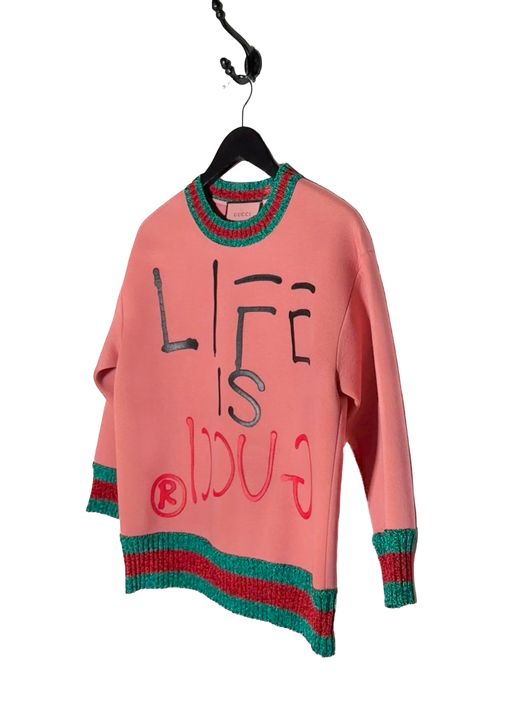 Front side of Gucci "Life Is Gucci" Ghost Pink Cotton Sweatshirt