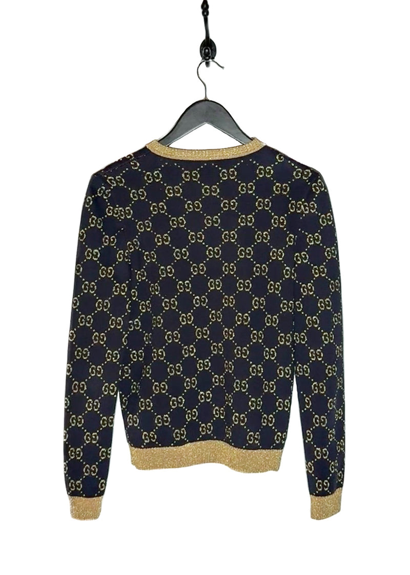 Back of Gucci Navy Blue Cotton Lamé GG V-neck Sweater