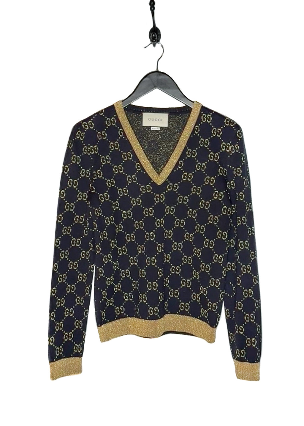 Main photo of Gucci Navy Blue Cotton Lamé GG V-neck Sweater