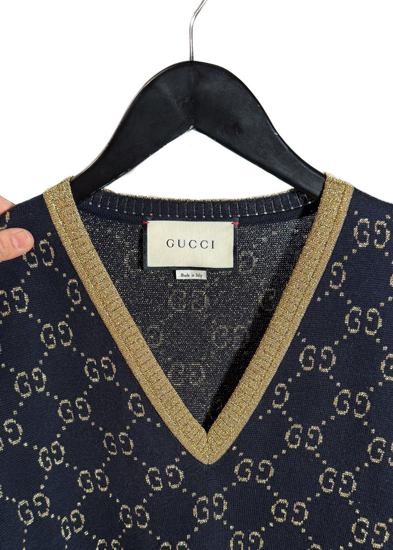 Collar area of Gucci Navy Blue Cotton Lamé GG V-neck Sweater