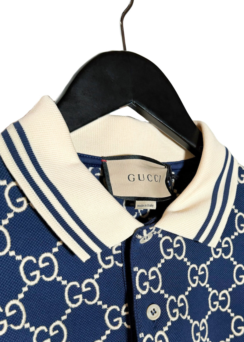 Gucci Navy Blue GG Monogram Pique Polo Shirt