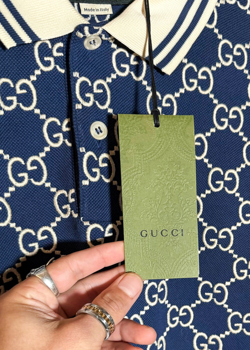 Gucci Navy Blue GG Monogram Pique Polo Shirt