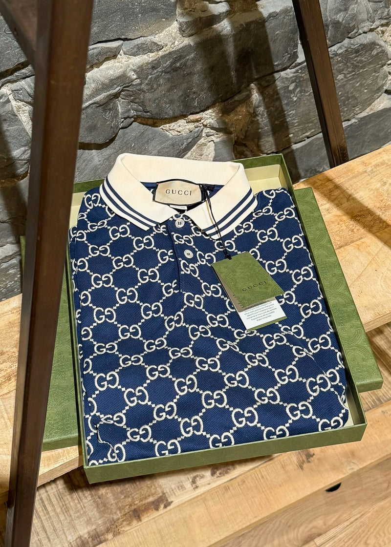 Gucci Navy Blue GG Monogram Pique Polo Shirt