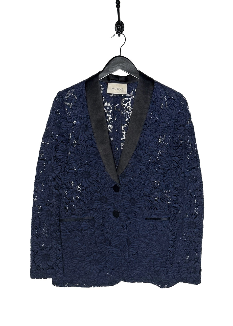 Gucci Navy Blue Lace Satin Tuxedo Lapel Blazer