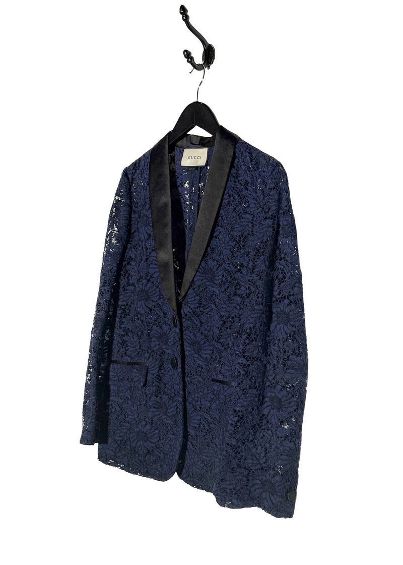 Gucci Navy Blue Lace Satin Tuxedo Lapel Blazer