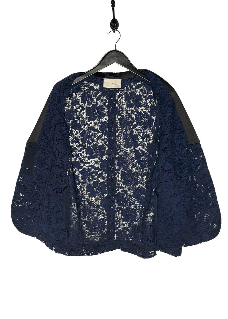 Gucci Navy Blue Lace Satin Tuxedo Lapel Blazer