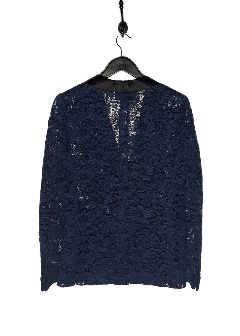 Gucci Navy Blue Lace Satin Tuxedo Lapel Blazer