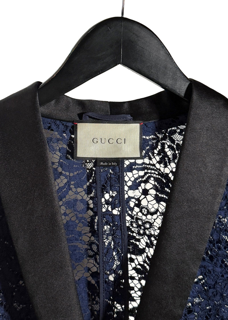 Gucci Navy Blue Lace Satin Tuxedo Lapel Blazer