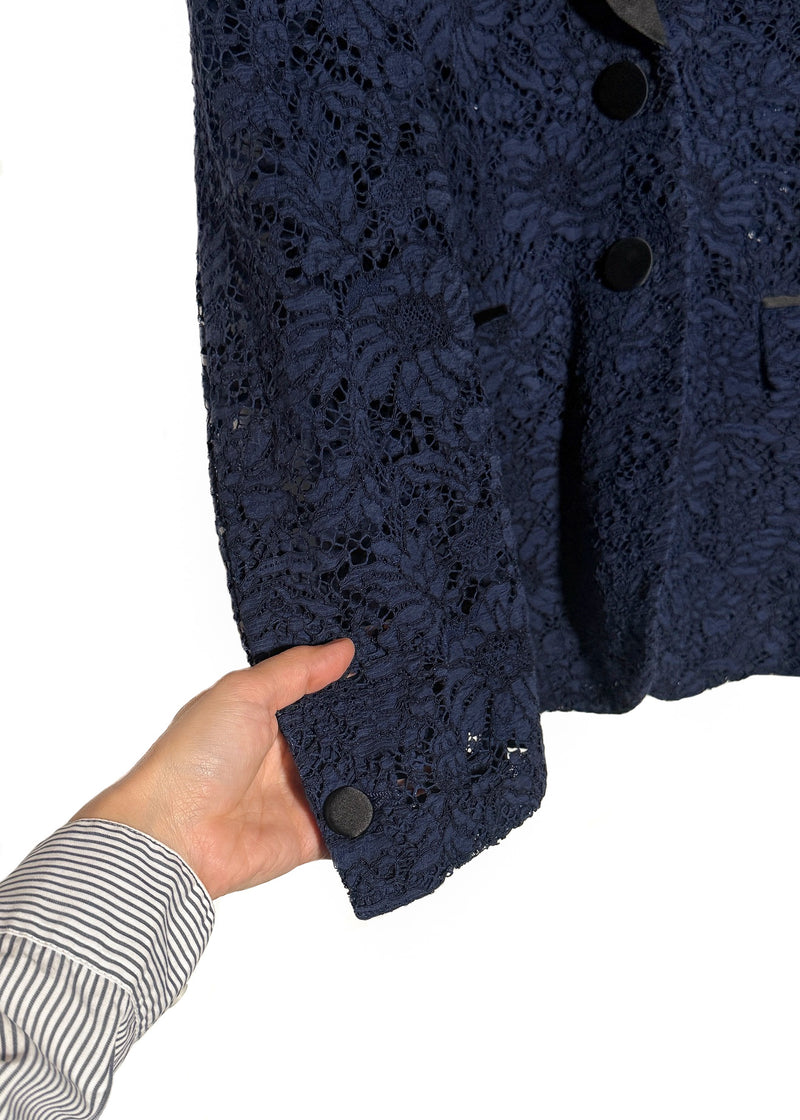 Gucci Navy Blue Lace Satin Tuxedo Lapel Blazer