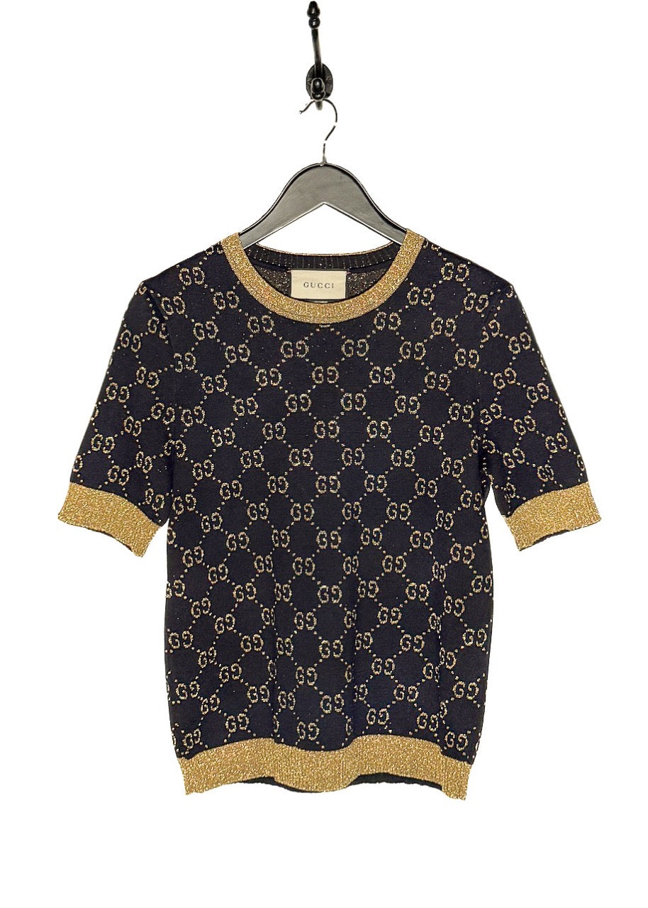 Gucci Navy Blue Cotton Lamé GG Jacquard Knit Short Sleeves Top