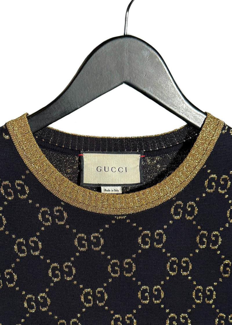 GUCCI GGコットンラムスファブリックトップス 半袖 ネイビー Gucci Navy Blue Cotton Lamé GG Jacquard Knit Short Sleeves Top