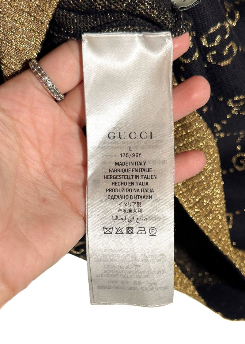 Gucci Navy Blue Cotton Lamé GG Jacquard Knit Short Sleeves Top