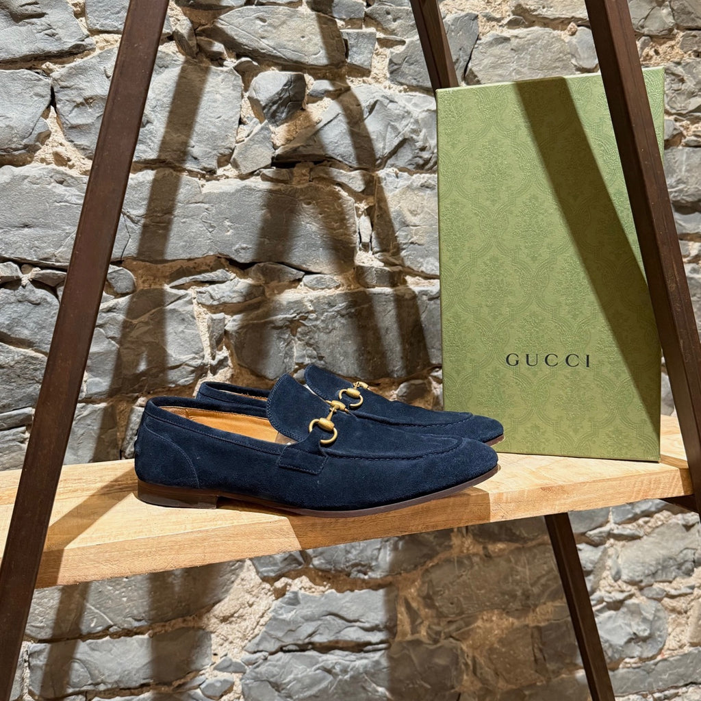 Main photo of Gucci Navy Blue Suede Horsebit Accent Jordaan Loafers