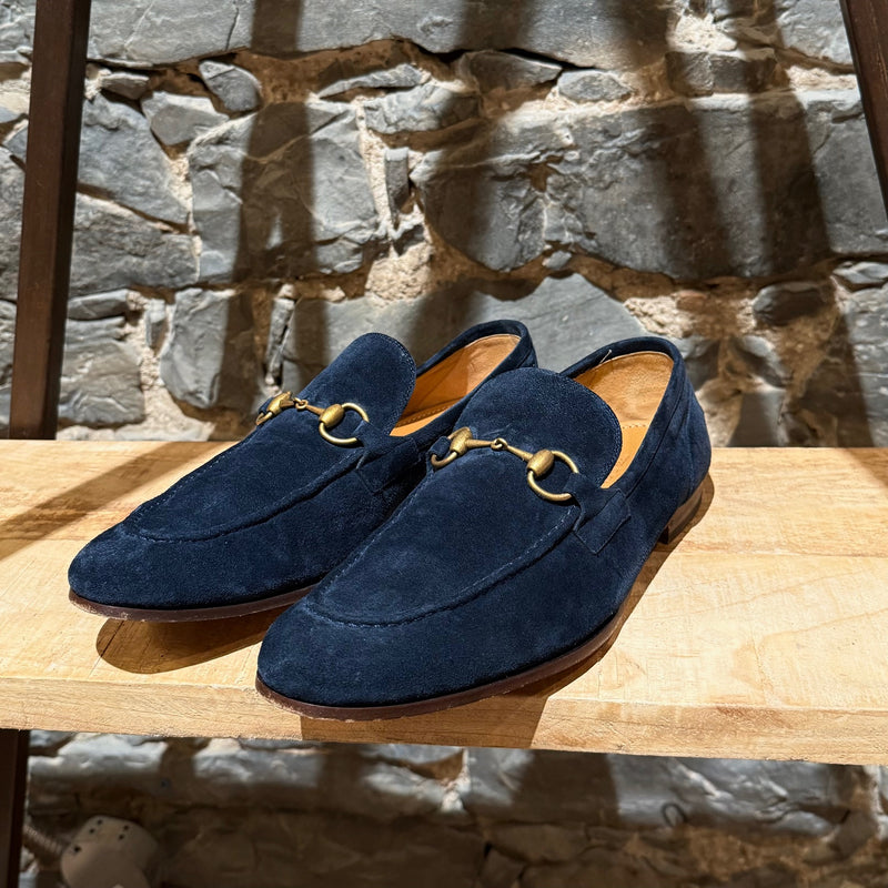 Front side of Gucci Navy Blue Suede Horsebit Accent Jordaan Loafers