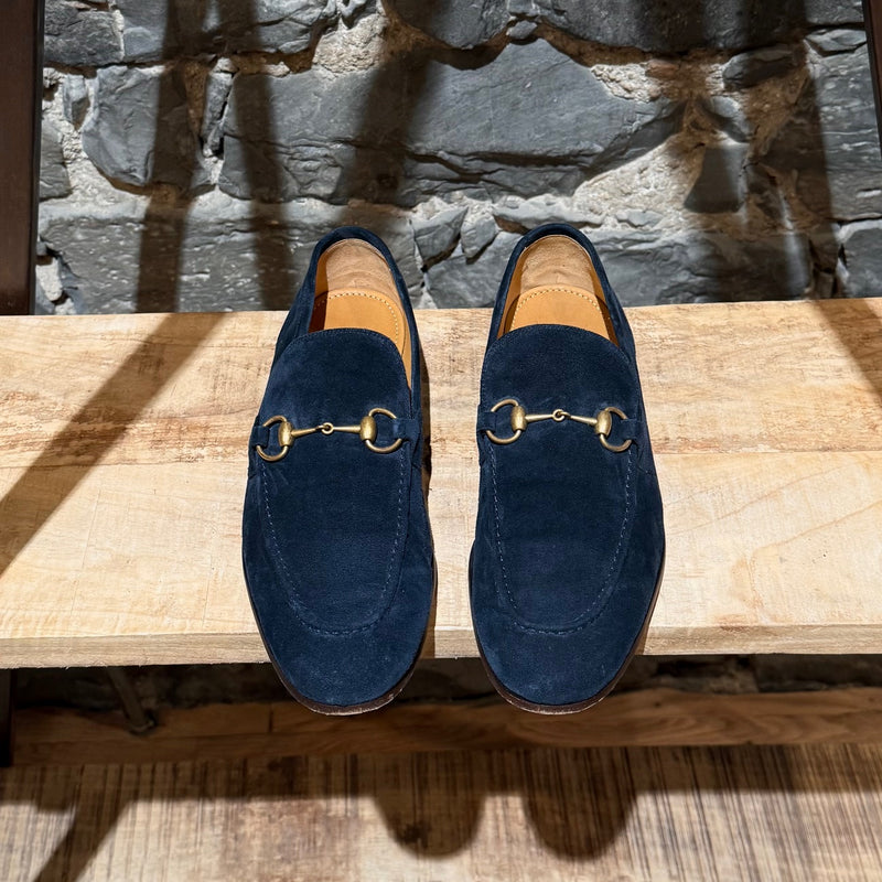 Top view of Gucci Navy Blue Suede Horsebit Accent Jordaan Loafers