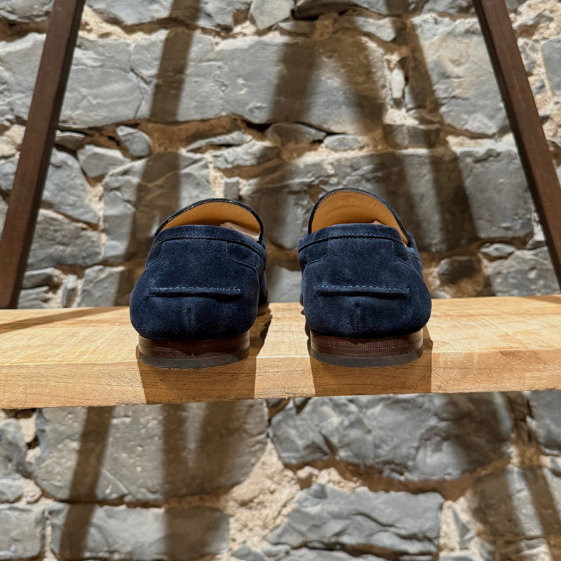 Back of Gucci Navy Blue Suede Horsebit Accent Jordaan Loafers