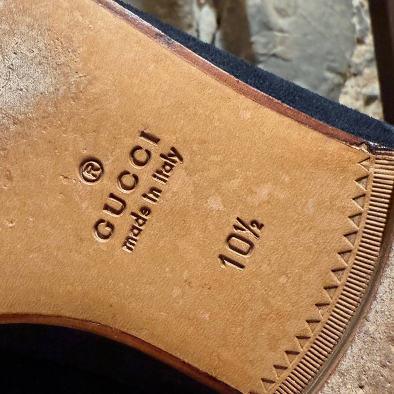 Brand, origin and size stamps on one outsole of Gucci Navy Blue Suede Horsebit Accent Jordaan Loafers