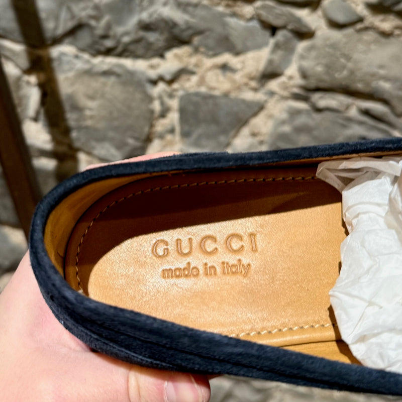 brand and origin stamps on on insole of Gucci Navy Blue Suede Horsebit Accent Jordaan Loafers