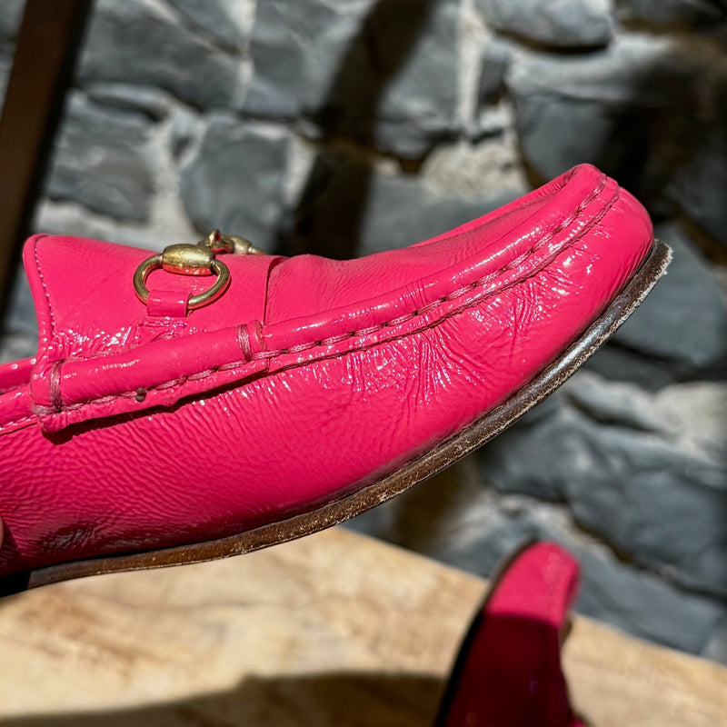 Gucci Shocking Pink Patent Leather Horsebit Loafers