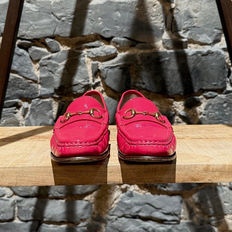 Gucci Shocking Pink Patent Leather Horsebit Loafers